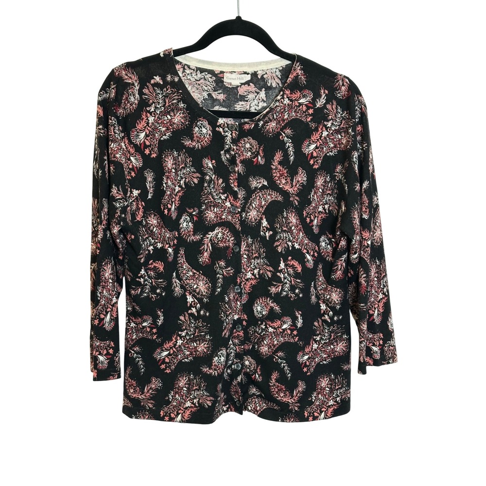 Garnet Hill Merino Wool Cardigan Sweater Size L Black Pink Paisley 3/4 Sleeve‎